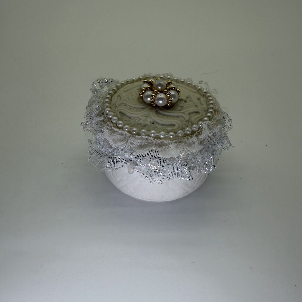 Handmade Ceramic Ring Box Trinket Engagement Wedding Embroidery Lace Pearls
